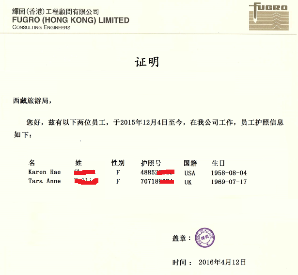 Company Document & School Document for Tibet Travel