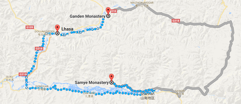 11 Days Ganden to Samye Trekking Tour  Map