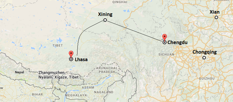 10 Days Xian & Xining & Lhasa & Namtso Lake Train Tour Map