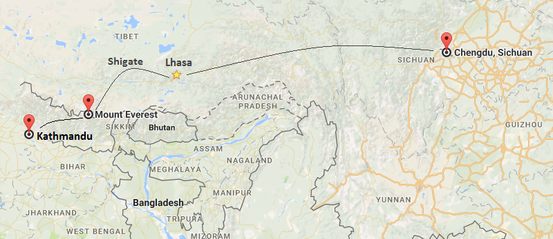 9 Days Guangzhou & Everest & Kathmandu Tour Map
