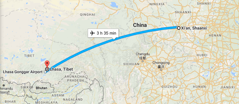 6 Days Lifetime Xian & Tibet Tour By Flight Map