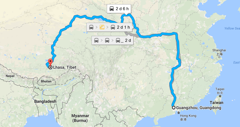8 Days Guangzhou Tibet via Sky Train Map
