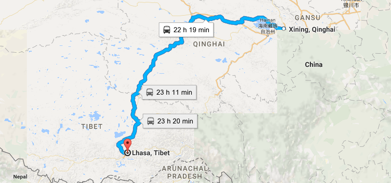 7 Days Xining Tibet via Sky Train Map