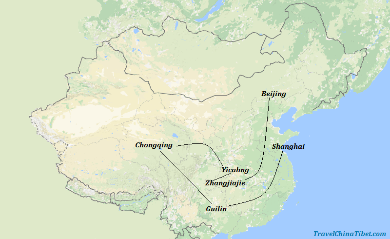 14 Days China Yangtze Tour with Zhangjiajie Landscape Map