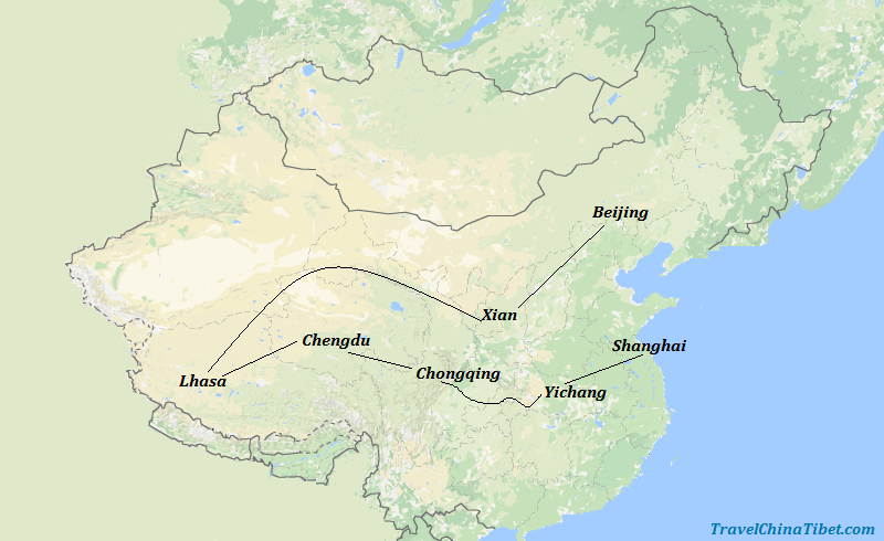 17 Days China Yangtze Tour with Tibet & Giant Panda Visit Map