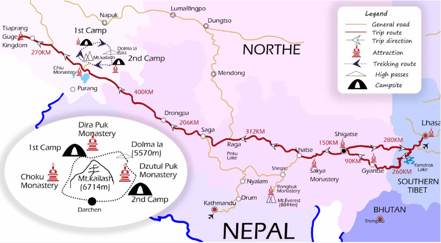 15 Days Mt. Kailash Trek Group Tour Map