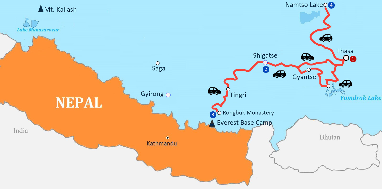 9 Days Lhasa & Everest & Namtso Lake Map