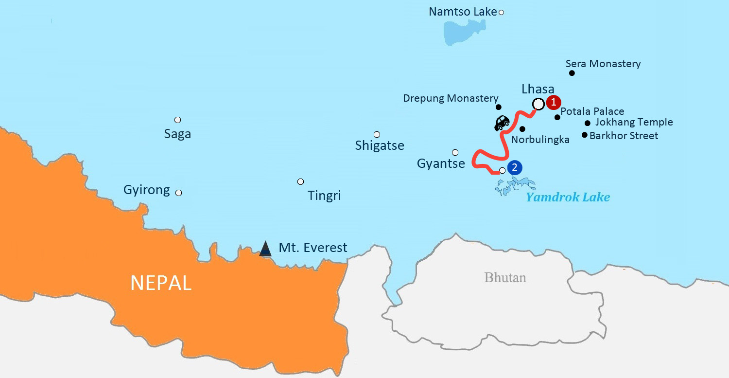 5 Days Lhasa & Yamdrok Lake Group Tour Map